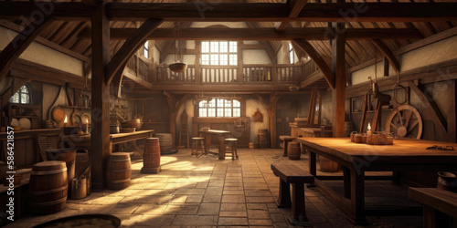 The Adventurers' Sanctuary, The Bustling Heart of a Medieval Fantasy Guild, Generated by AI © Graphinate