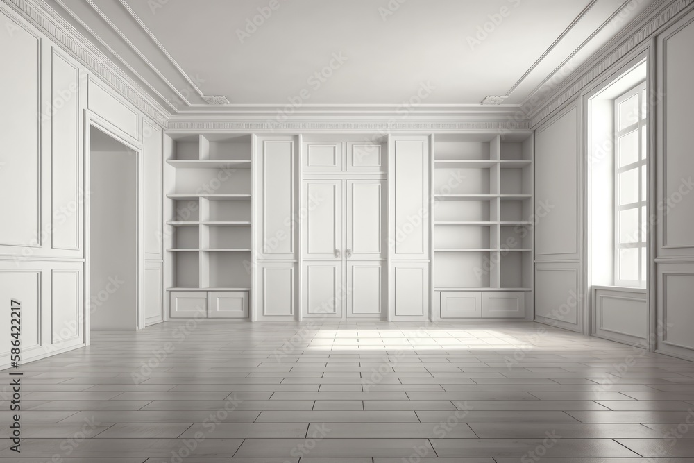 an empty room with a classic bookcase and elegant tile flooring. Generative AI an empty room with a classic bookcase and elegant tile flooring. Generative AI