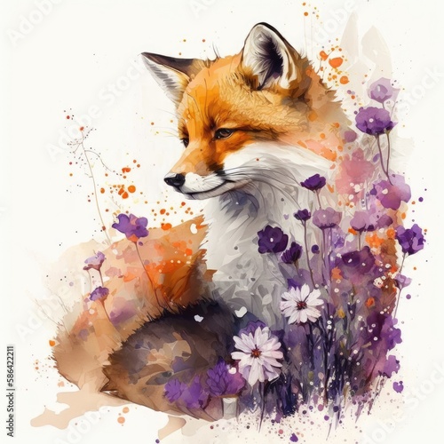 An adorable fox nuzzles up to a spray of purple flowers Generative Ai