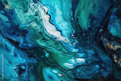 abstract painting with blue and green liquids blending together. Generative AI
