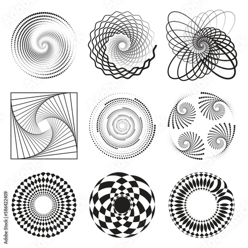 Set of black thick halftone dotted speed lines, on the White Background. Speed lines in circle form. Geometric art. Design element for template, abstract vector background.