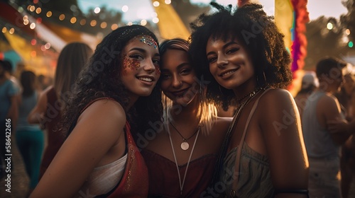 Young women at an EDM music festival, friends at a rave
