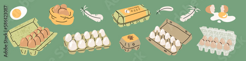 A set of images of eggs in different  states. Boiled, broken, fried, scrambled eggs, quail egg. Poultry Farm organic food, agricultural production. Vector objects isolated from the background.