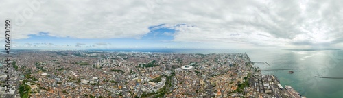 Aerial panorama top view cityscape downtown district of Salvador City in Bahia, Brazil. Panoramic Drone shot landscape of colorful colonial architecture built by the portugueses Landmark of Salvador.