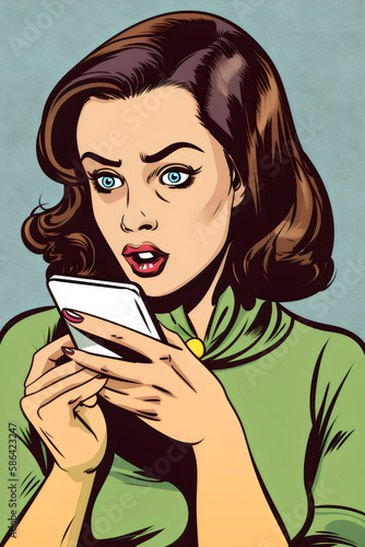 woman looking at phone in vintage comic book style illustration, made with generative ai

 photo