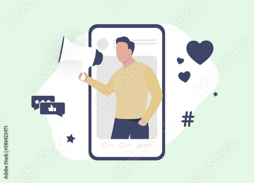 Influencer marketing - maximize ROI, reach target audience, boost brand and increase credibility. Word-of-mouth influencer marketing with content promoting brand, service, product in social media app