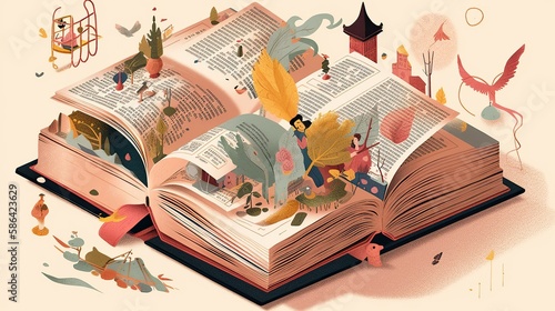 World Book Day, book being opened, with different characters and elements from the story spilling out onto the table - Generative AI