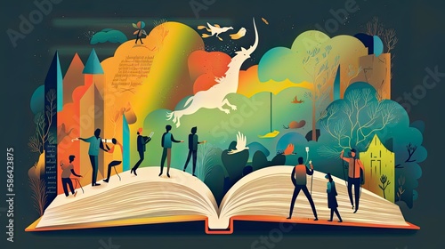 An image of a book being opened, with different characters and elements from the story spilling out onto the table - Generative AI