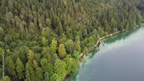 Aerial reveal view of Lake Lucerne Neuschwanstein Castle and the Swiss Alps