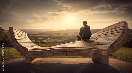 An image of a person sitting on a book bench, with different quotes and passages forming the shape of the bench and the surrounding scenery. - Generative AI