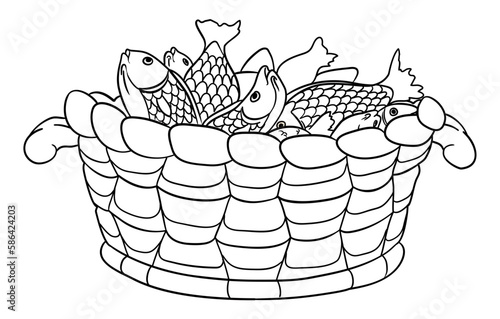 Basket full of fish in outlines for coloring, Vector illustration