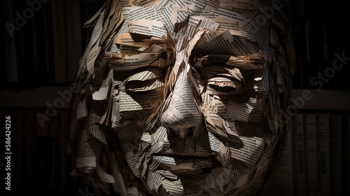 An image of a person's face made of book pages, with different stories and genres forming the different features and expressions - Generative AI
