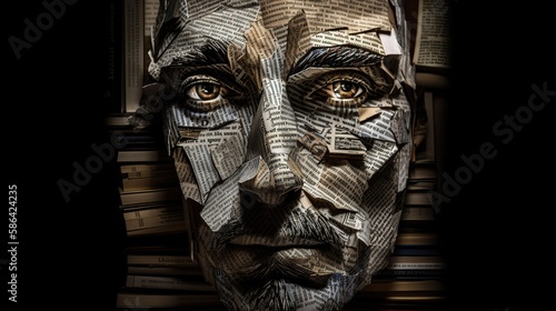 An image of a person's face made of book pages, with different stories and genres forming the different features and expressions - Generative AI