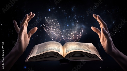 An image of a person s hands holding a book  with different quotes and passages forming a constellation in the sky. - Generative AI