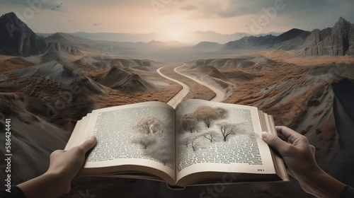 An image of a person's hands holding a book, with a landscape or scene from the story emerging from between their fingers. - Generative AI