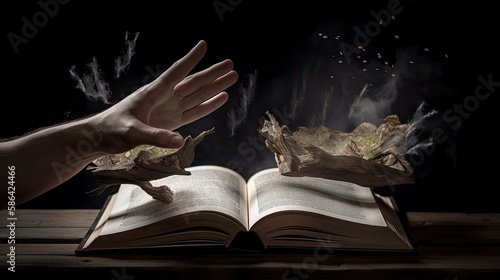 An image of a person holding an open book, with different characters from different stories climbing out of the pages and coming to life around them. - Generative AI © ImageMaster