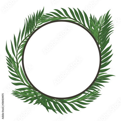 Empty round button with frame decorated with palm branches, Vector illustration