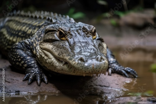 massive alligator basking on a rocky surface. Generative AI