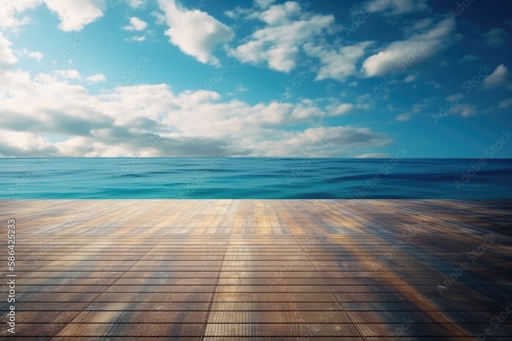 wooden floor overlooking a scenic ocean view. Generative AI
