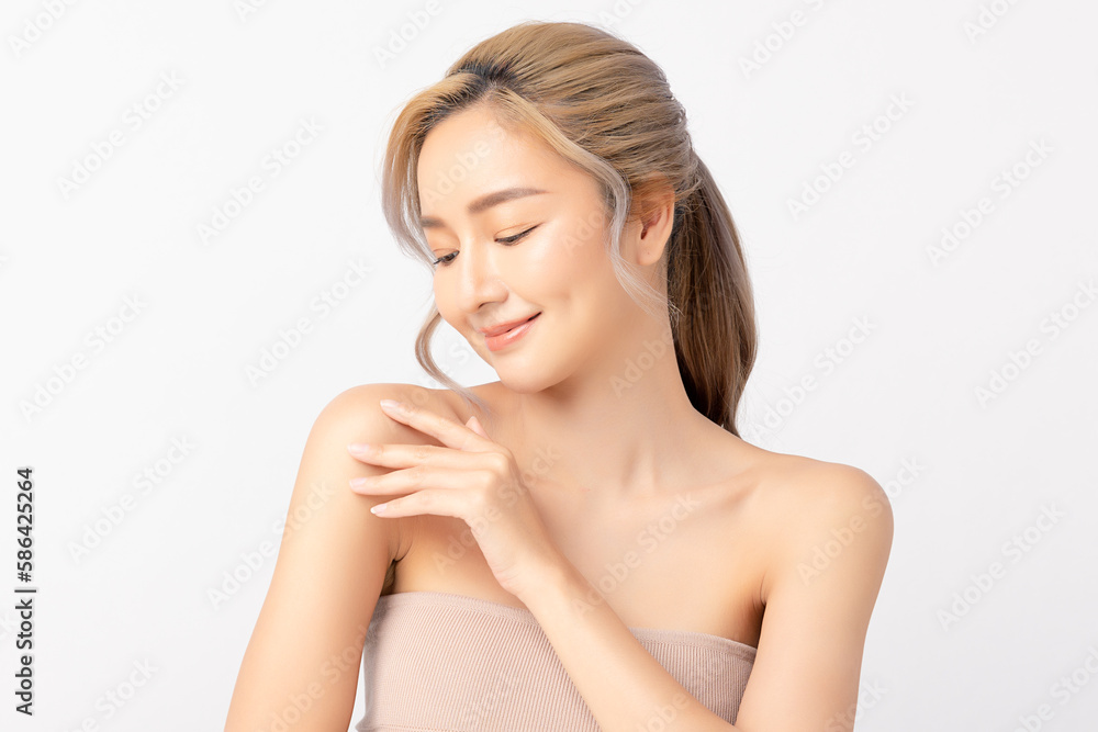 Happy beautiful young asian woman clean fresh bare skin concept. Asian girl beauty face skincare and health wellness, Facial treatment, Perfect skin, Natural make up. Isolated on white background. Happy beautiful young asian woman clean fresh bare skin concept. Asian girl beauty face skincare and health wellness, Facial treatment, Perfect skin, Natural make up. Isolated on white background.