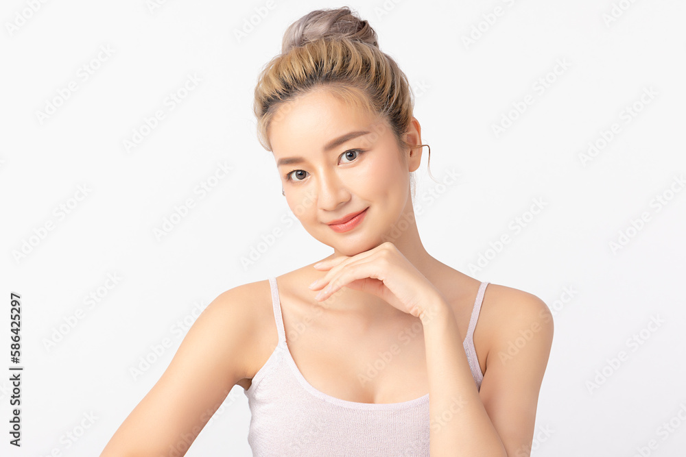 Happy beautiful young asian woman clean fresh bare skin concept. Asian girl beauty face skincare and health wellness, Facial treatment, Perfect skin, Natural make up. Isolated on white background. Happy beautiful young asian woman clean fresh bare skin concept. Asian girl beauty face skincare and health wellness, Facial treatment, Perfect skin, Natural make up. Isolated on white background.