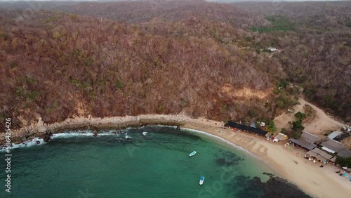 drone footage panoramic view of huatulco oaxaca mexico summer travel destination tropical beach sea riscalillo 