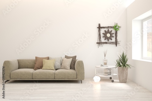 White living room with sofa. Scandinavian interior design. 3D illustration