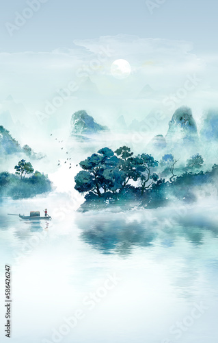 Chinese style ink and wash landscape painting Background watercolor artistic conception Landscape illustration