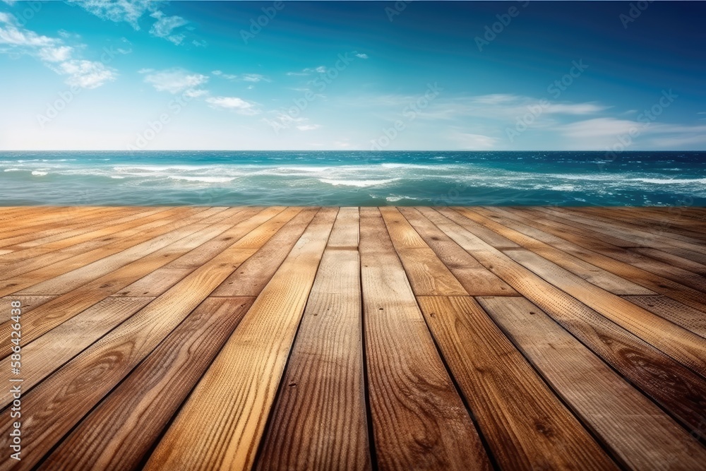 wooden floor with a beautiful ocean view in the background. Generative AI