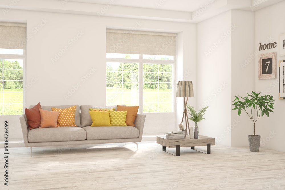 Fototapeta premium White living room with sofa and summer landscape in window. Scandinavian interior design. 3D illustration