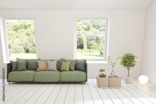 Wallpaper Mural White living room with sofa and summer landscape in window. Scandinavian interior design. 3D illustration Torontodigital.ca