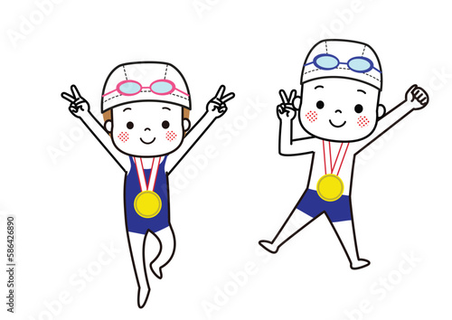 水泳で金メダルをもらって大喜びしている子どもたち