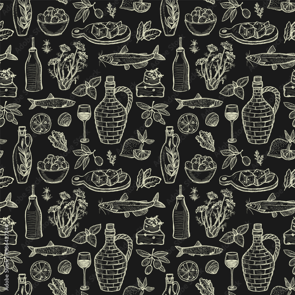 Seamless chalk style pattern with mediterranean traditional food - olive oil, vegetables, cheese, herbs and seafood