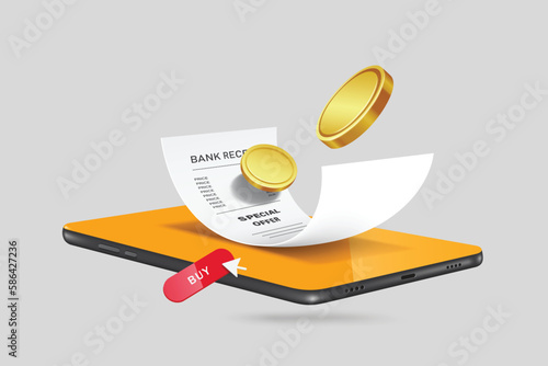 Paper receipt labeled special offer is placed on smartphone screen and there is an order button on the side and coin or money display on top