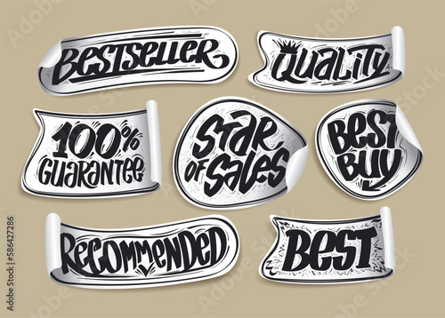 Bestseller, quality, star of sales, best buy, recommended, 100 percents guarantee - vector black and white stickers