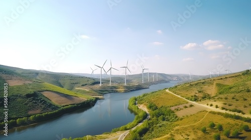Wind turbines on landscape with green hills and river. Renewable energy concept. Generative AI