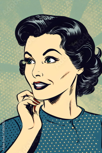 smiling woman with black hair in vintage comic book style illustration, made with generative ai photo