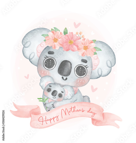 Cute iKoala mother and baby hugging in pink banner Happy mother's day, nursery watercolour animal cartoon hand painting