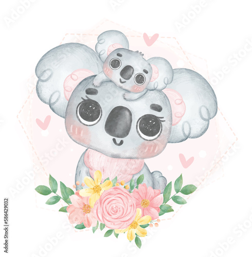 Cute Koala Mother and Baby Cartoon Watercolor Illustration. Perfect for nursery art, baby shower invitations, and Mother's Day creations