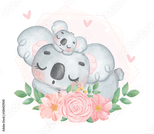 Cute Koala Mother and Baby Cartoon Watercolor Illustration. Perfect for nursery art, baby shower invitations, and Mother's Day creations
