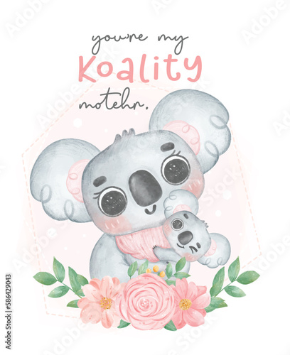 Cute Koala Mother and Baby Cartoon Watercolor Illustration. Perfect for nursery art, baby shower invitations, and Mother's Day creations