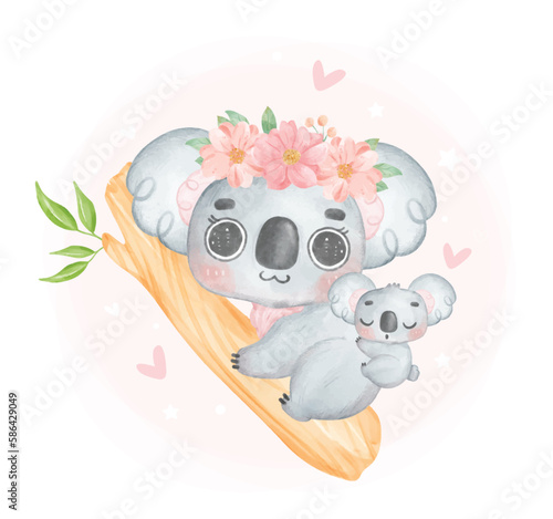 Cute Koala Mother and Baby Cartoon Watercolor Illustration. Perfect for nursery art, baby shower invitations, and Mother's Day creations