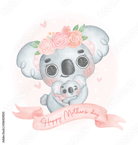 Cute Koala Mother and Baby Cartoon Watercolor Illustration. Perfect for nursery art, baby shower invitations, and Mother's Day creations