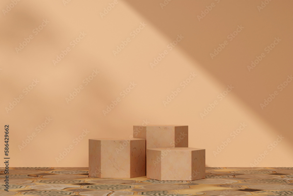 Fototapeta premium 3d render beige round podiums on the marble floor on pink background. Abstract background with empty space for branding and minimal presentation.
