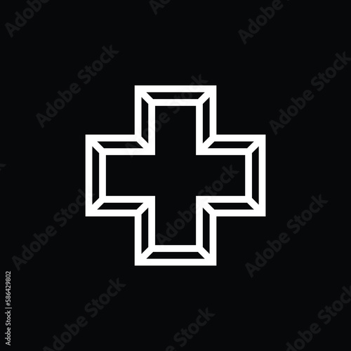 Plus logo icon design, medical cross symbol in line art style, white on black bacground