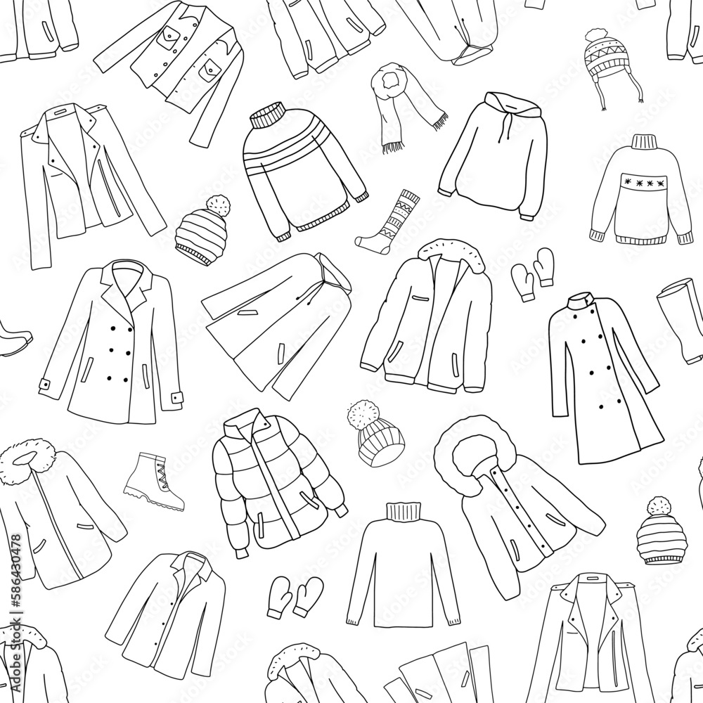 Vector hand drawn doodle seamless pattern. Jumper and jacket sketch illustration. Outline illustration clothes, shoes