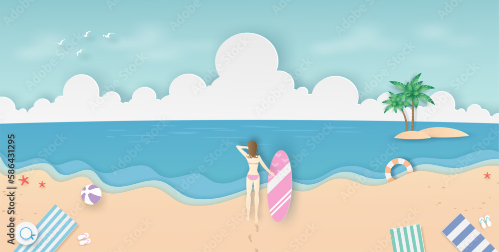 Woman in pink bikini set walking on the beach with surfboard in her hand looking to the blue sea, coconut tree, island, clouds, bird and sky in summer day. seascape view in vector paper art concept.