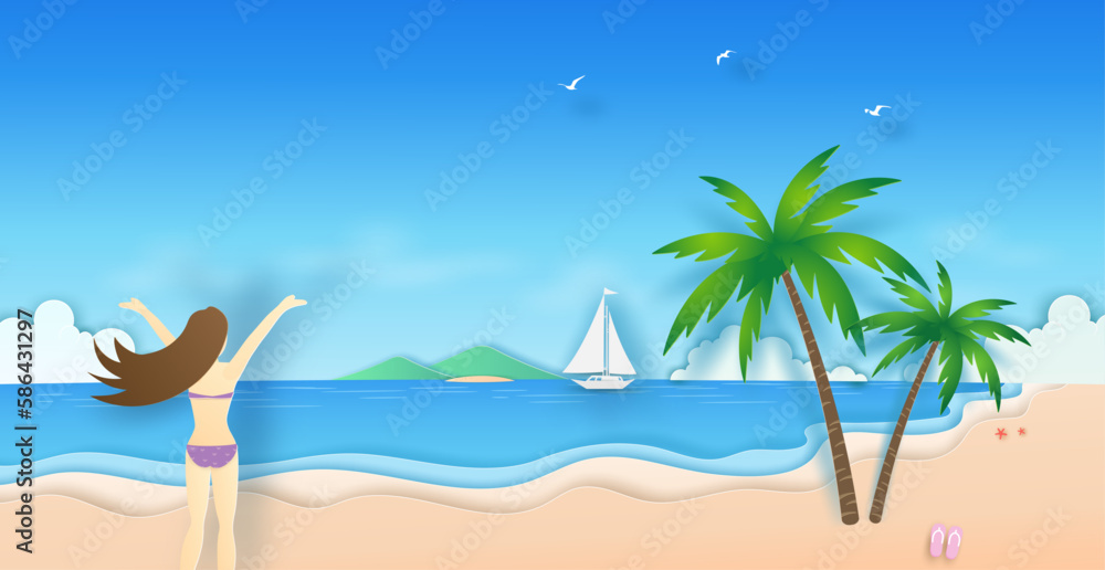 Naklejka premium Woman in pink bikini set walking on the beach with surfboard in her hand looking to the blue sea, coconut tree, island, clouds, bird and sky in summer day. seascape view in vector paper art concept.