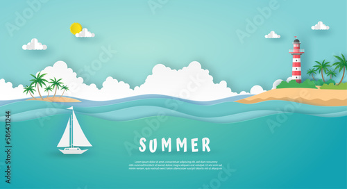 summer card in landscape view format with red - white lighthouse on island, coconut trees, green sea, clouds, blue sky, birds and white boat on sea wave. vector illustrator design paper art concept.