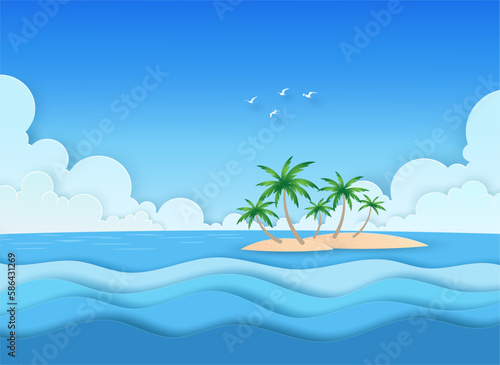 Nature blue seascape view on the beach looking to the island in the ocean ,sea wave, coconut trees, clouds, blue sky and birds in summer day. Vector paper art concept.